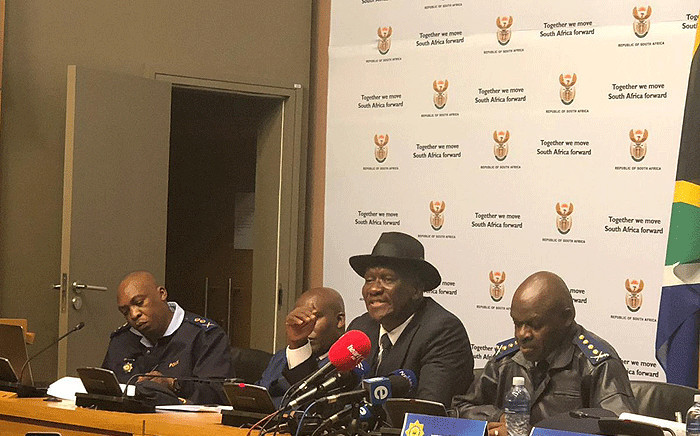 Minister of Police Bheki Cele briefs the media following the presentation to the portfolio committee on police on the 2017/2018 crime statistics on 11 September 2018. Picture: @SAgovnews/Twitter