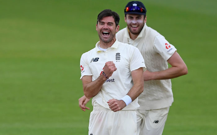 England's James Anderson celebrates having taken the wicket of Pakistan's Abid Ali, his 599th wicket in test cricket on the fourth day of the third Test cricket match between England and Pakistan at the Ageas Bowl in Southampton, southern England on 24 August 2020. Picture: AFP