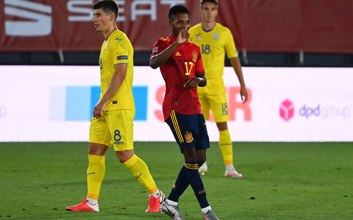 Spain's Ansu Fati (right) celebrates his goal against the Ukraine during their UEFA Nations League Group A match on 6 September 2020. Picture: @EURO2020/Twitter