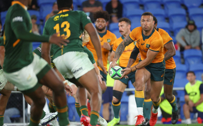 Australia's Quade Cooper passes the ball during the Rugby Championship match against South Africa at Cbus Super Stadium in Gold Coast on 12 September 2021. Picture: AFP