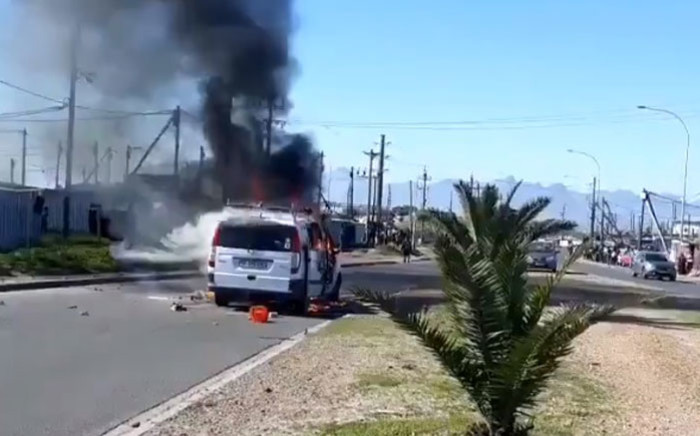 A screengrab of the Eskom van after it was stoned and torched in Khayelitsha on 20 July 2020. Picture: @Eskom_SA/Twitter
