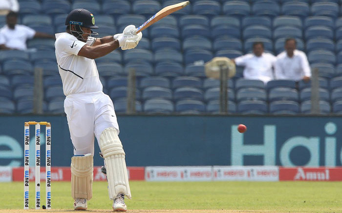 India's Mayank Agarwal brings up his 100 against South Africa on the first day of the second Test in Pune, India on 10 October 2019. Picture: @BCCI/Twitter