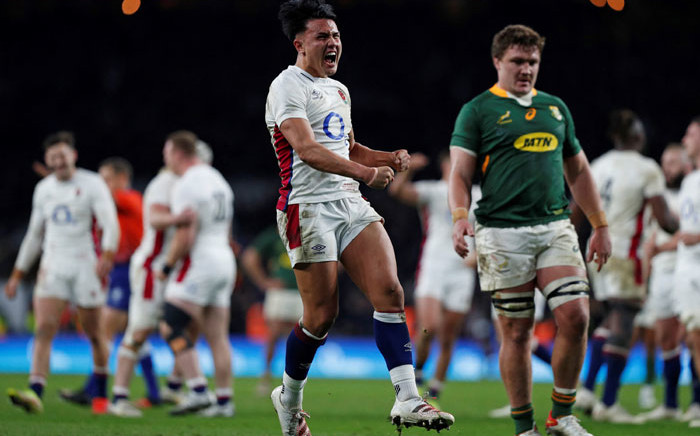 England's fly-half Marcus Smith (C) celebrates winning the match during the Autumn International friendly rugby union match between England and South Africa at Twickenham Stadium, south-west London, on 20 November 2021. England won the match 27-26. Picture: Adrian Dennis/AFP