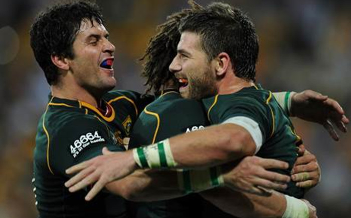 The Springboks celebrate after scoring a try in their historic win over the Wallabies.
