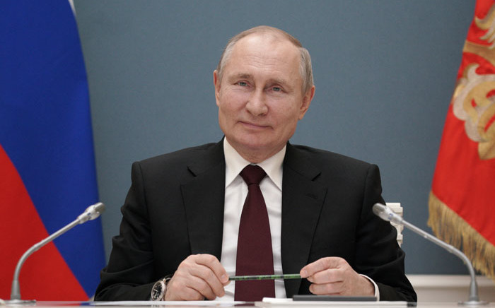 Russian President Vladimir Putin participates via video link in a ceremony launching a gold processing facility in Kyrgyzstan, in Moscow on 17 March 2021. Picture: Alexei Druzhinin/AFP