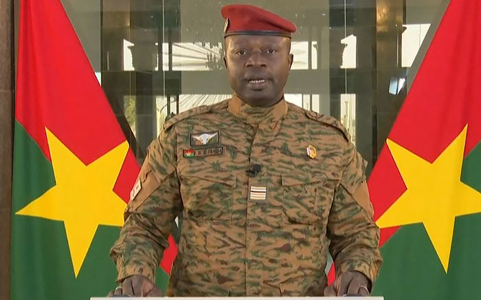 This grab of a handout video released by Radiodiffusion Télévision du Burkina on 27 January 2022 shows the leader of Burkina Faso's new military junta Paul-Henri Sandaogo Damiba speaking during a televised address, three days after the overthrow of Burkina Faso's president. Picture: Radiodiffusion Télévision du Burkina/AFP