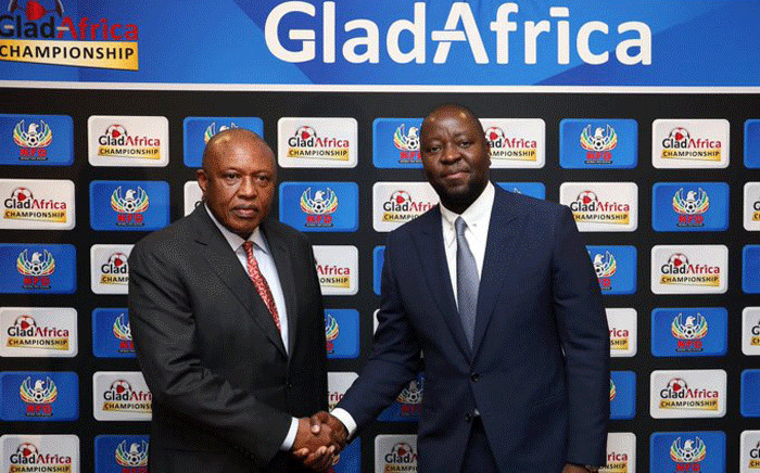 PSL chairman Irvin Khoza (L) with GladAfrica chairman Noel Mashaba on 1 August 2019. Picture: @OfficialPSL/Twitter. 
