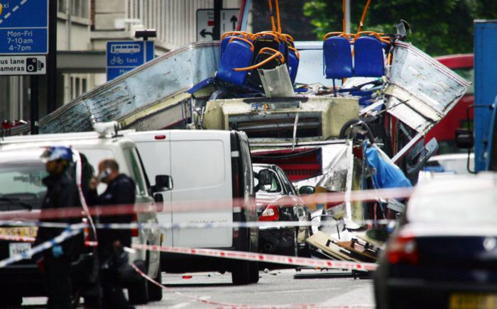FILE: The remains of a double-decker bus where a suspected terrorist bomb was exploded on a bus in Woburn Place and Tavistock Square in London 7 July 2005. Picture: AFP.