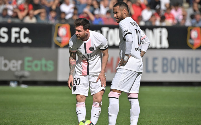 Paris Saint-Germain's Argentinian forward Lionel Messi (L) stands next to Paris Saint-Germain's Brazilian forward Neymar during the French L1 football match between Stade Rennais (Rennes) and Paris Saint-Germain at the Roazhon Park in Rennes on October 3, 2021. Picture: LOIC VENANCE / AFP