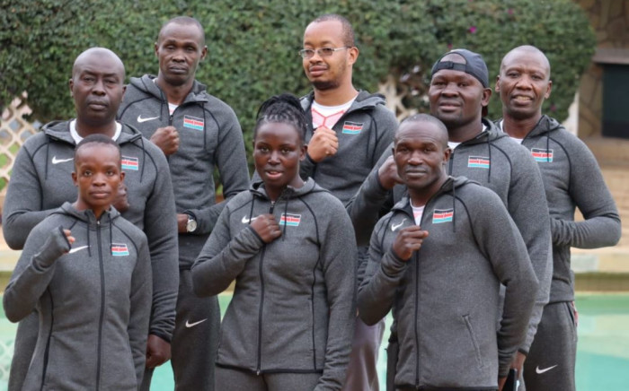 Christine Ongare (left) and her teammates on Kenya's national boxing team at the Tokyo Olympic Games. Picture: @KenyaBoxing/Twitter