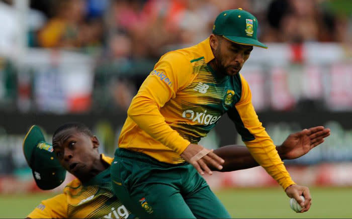 JP Duminy holds onto the ball despite colliding with Kagiso Rabada to take the wicket of Alex Hales of England during the 1st T20 International match between South Africa and England on 19 February 2016. Picture: Cricket South Africa (CSA) via Facebook.