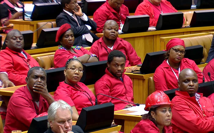 FILE: Economic Freedom Fighters (EFF) MPs look on as President Jacob Zuma answers questions in the National Assembly on 11 March 2015. Picture: Screengrab/YouTube.