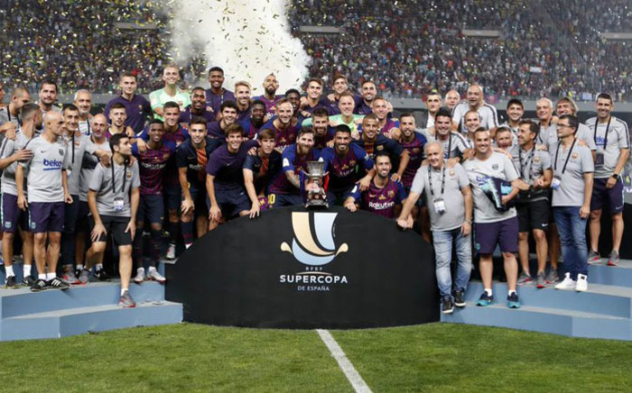 Barcelona celebrate their Spanish Super Cup victory over Sevilla on 12 August 2018. Picture: @FCBarcelona/Twitter