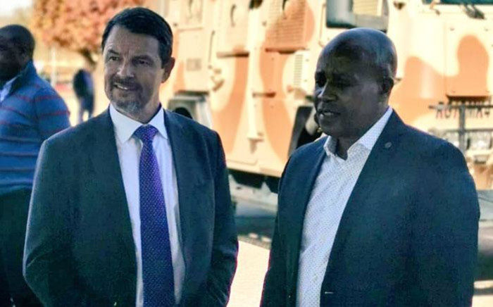 Denel CEO Danie du Toit (left) with deputy Minister of Public Enterprises Honorable Phumulo Masualle during his visit to the arms manufacturer on 5 July 2019. Picture: @DenelSOC/Twitter