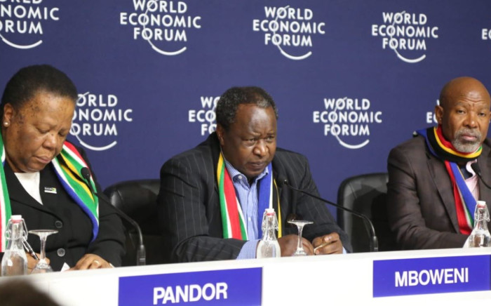 Finance Minister Tito Mboweni flanked by Minister Naledi Pandor and Governor Lesetja Kganyago at the World Economic Forum in Davos, Switzerland. Picture: Twitter/Tito Mboweni