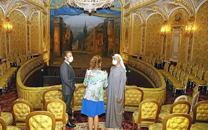French President Emmanuel Macron (L), Crown Prince of Abu Dhabi and Deputy Supreme Commander of the UAE Armed Forces, Sheikh Mohamed bin Zayed Al Nahyan (R) and head of the Public Establishment of the Chateau de Fontainebleau Marie-Christine Labourdette (C) visit the Imperial theatre of the Chateau of Fontainebleau, in Fontainebleau, outside Paris, in 15 September 2021. Picture: Ian Langsdon/AFP