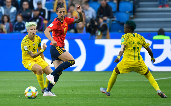 FILE: South Africa's defender Janine Van Wyk (L) vies for the ball with Spain's forward Jennifer Hermoso during the France 2019 Women's World Cup Group B football match between Spain and South Africa, on 8 June 2019, at the Oceane Stadium in Le Havre, northwestern France. Picture: AFP
