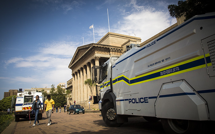 A police water canon stands guard on Wits University campus. Picture: Thomas Holder/EWN
