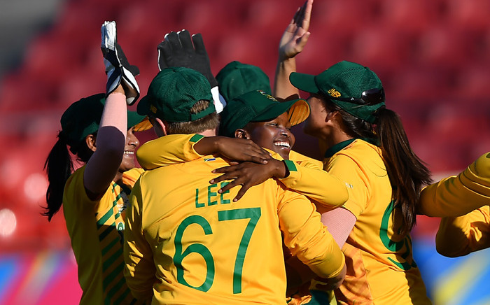 South Africa's players celebrate after their victory against Pakistan during the Twenty20 women's World Cup cricket match between South Africa and Pakistan in Sydney on 1 March 2020. Picture: AFP.
