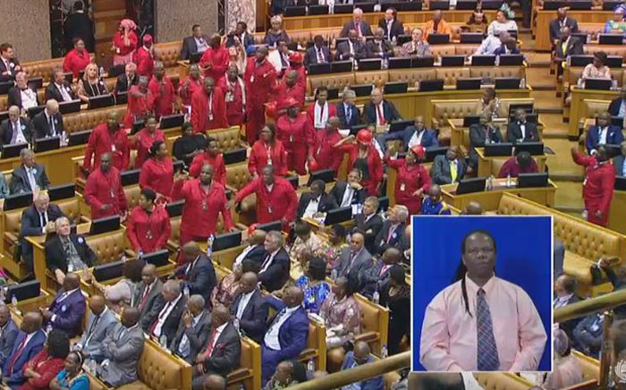 A screengrab of Economic Freedom Fighters MPs leave the house chanting "Zupta Must Fall" during President Jacob Zuma’s State of the Nation Address on 11 February, 2016.