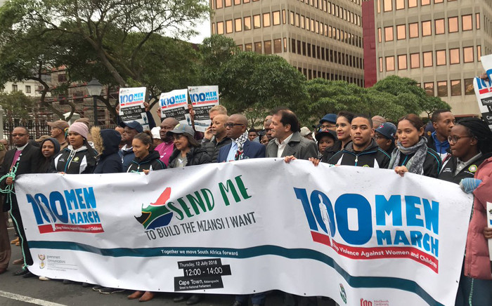 Hundreds of people have joined the 100 Men March in Cape Town on Thursday 12 July 2018 to highlight the scourge of violence against women and children. Picture: Kaylynn Palm/EWN
