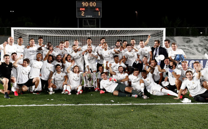 Real Madrid celebrate their league title win after their victory over Villarreal on 16 July 2020. Picture: @realmadriden/Twitter