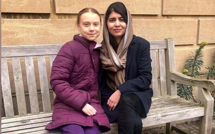 Swedish environmental activist Greta Thunberg and Nobel Peace Prize winner Malala Yousafzai at University of Oxford in Oxford, Britain, on 25 February 2020. Picture: @Malala/Twitter