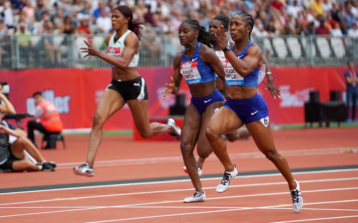 Jamaica's Shelly-Ann Fraser-Pryce (foreground) on her way to victory in the women's 100m event at the IAAF Diamond League meet in London on 21 July 2019. Picture: @Diamond_League/Twitter