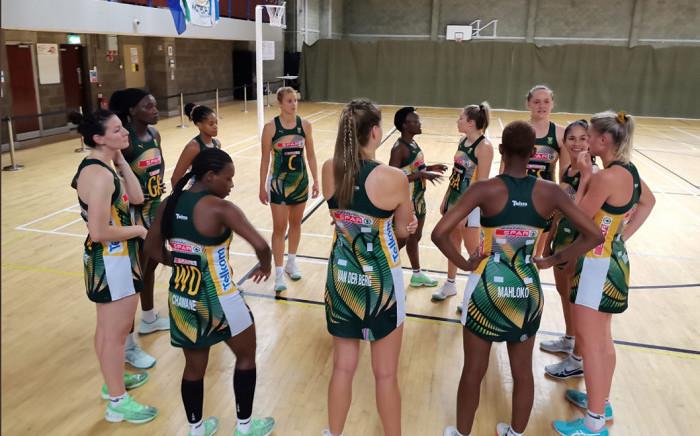The SPAR Proteas during half-time in their match against Scottish Thistles on 22 October 2021. Picture: @Netball_SA/Twitter.