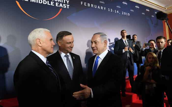 US Vice President Mike Pence, Poland's President Andrzej Duda and Prime Minister of Israel Benjamin Netanyahu are seen during the conference on Peace and Security in the Middle east in Warsaw, on 13 February 2019. Picture: AFP
