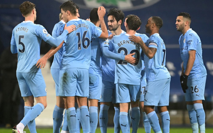 Manchester City players celebrate a goal in their 5-0 demolition of West Bromwich Albion in their English Premier League match on 26 January 2021. Picture: @ManCity/Twitter