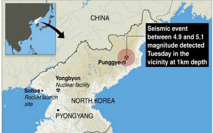 A graphic from AFP shows Punggye-ri nuclear test site in North Korea where an "artificial earthquake" was detected on 12 February 2013. Picture: AFP/GAL/JS