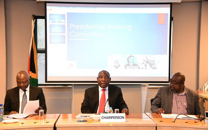 From left to right, Deputy President David Mabuza, President Cyril Ramaphos and Minister of Employment and Labour Thembelani Thulas Nxesi. Picture: @PresidencyZA/Twitter