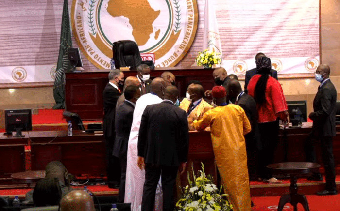 Members of the Pan-African Parliament clashed in the House in Midrand on 31 May 2021. Picture: YouTube screengrab.