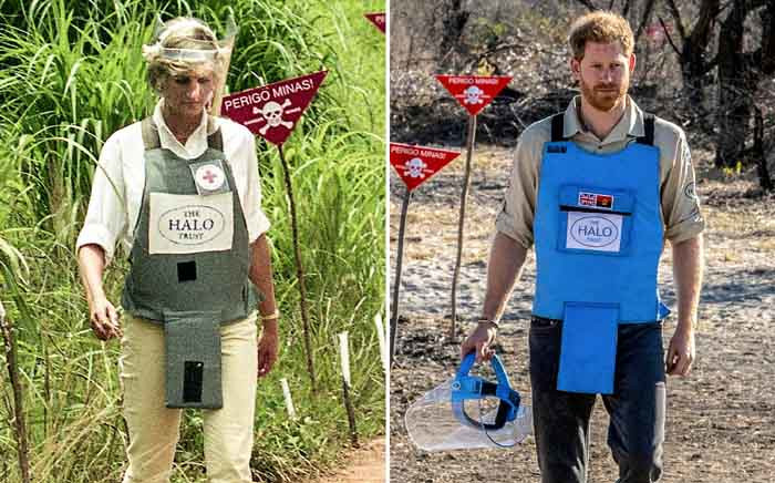A combination of images shows handout photos made available by the Halo Trust of Prince Harry, Duke of Sussex, visiting the minefield in Dirico, Angola, on 27 September 2019, and his late mother Diana, Princess of Wales, during her visit to a minefield in Angola on 15 January 1997. Picture: AFP