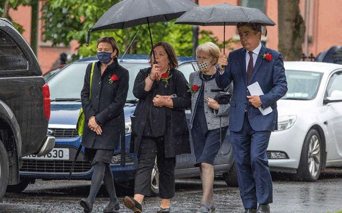 Pat Hume (2R) and her son John (R) attend the funeral of her late husband John Hume at St Eugene's Cathedral in Derry (Londonderry) in Northern Ireland, on 5 August 2020. Picture: AFP