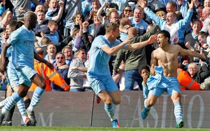 Sergio Aguero celebrates with his Manchester City teammates after scoring the goal that secured Manchester City the 2011-12 English Premier League title. Picture: Facebook.