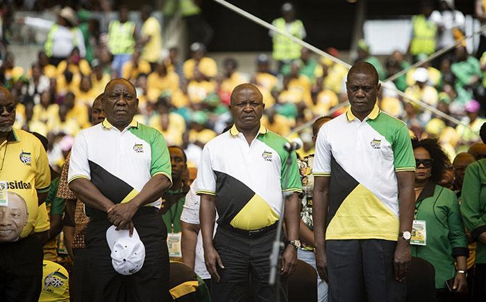 (From left) Cyril Ramaphosa, David Mabuza and Paul Mashatile during the ANC's 107th birthday celebration at the Moses Mabhida Stadium in Durban on 12 January 2018. Picture: Sethembiso Zulu/EWN