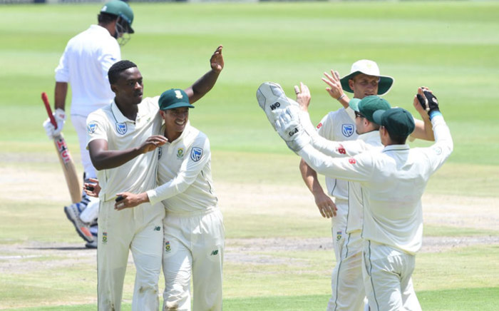 Proteas fast bowler Kagiso Rabada celebrates a wicket with teammates during day 4 of the third Test match against Pakistan at the Wanderers on 14 January 2019. Picture: @OfficialCSA/Twitter