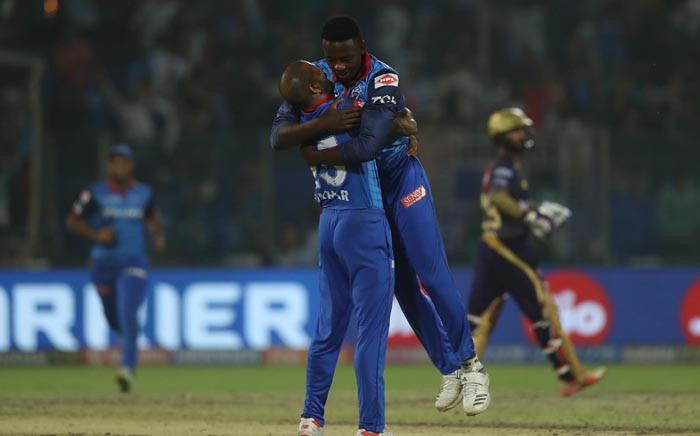 FILE: Kagiso Rabada and Shikhar Dhawan celebrate a wicket during Delhi Capitals' Indian Premier League clash with Kolkata Knight Riders. Picture: @DelhiCapitals/Twitter.