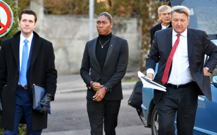 FILE: South African 800 metres Olympic champion Caster Semenya (C) and her lawyer Gregory Nott (R) arrive for a landmark hearing at the Court of Arbitration (CAS) in Lausanne on 18 February 2019. Picture: AFP.