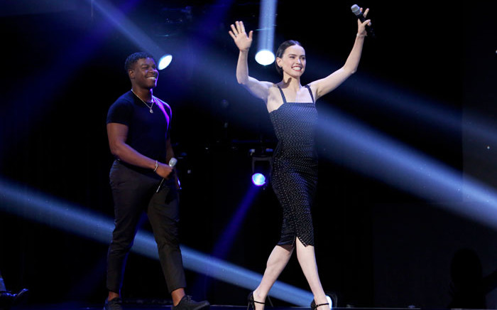 (L-R) John Boyega and Daisy Ridley of 'Star Wars: The Rise of Skywalker' took part in the Walt Disney Studios presentation at Disneys D23 EXPO 2019 on 25 August 2019 in Anaheim, Calif. Picture: AFP