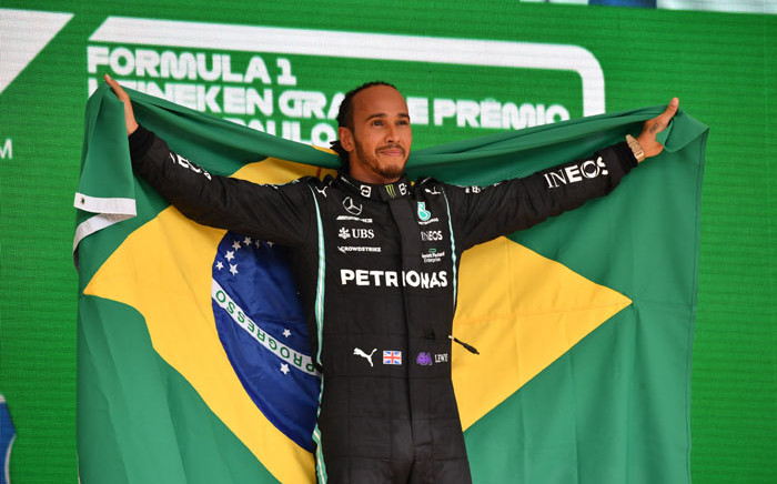 Mercedes driver Lewis Hamilton celebrates his win in the Brazilian Grand Prix on 14 November 2021. Picture: @F1/Twitter