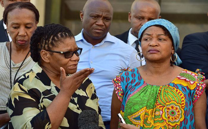 NCOP Chair Thandi Modise (L) and National Assembly Speaker Baleka Mbete (R) announcing the postponement of the State of the Nation Address outside Parliament on 6 February 2018. Picture: AFP.