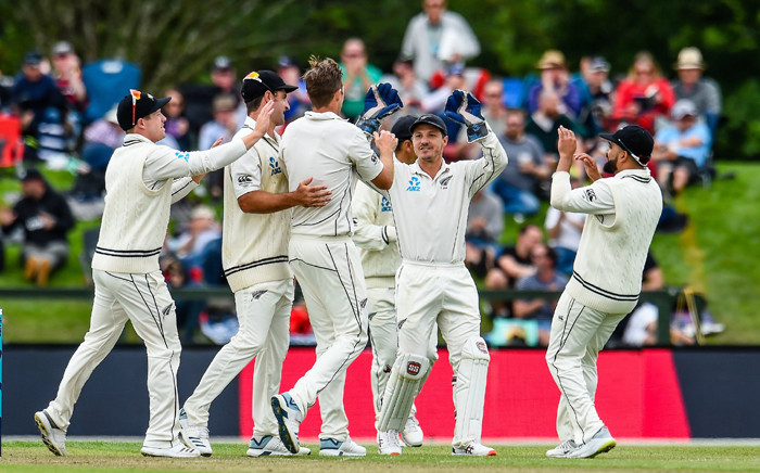 New Zealand players celebrate Tim Southee’s wicket during their match against Sri Lanka. Picture: @BLACKCAPS/Twitter.
