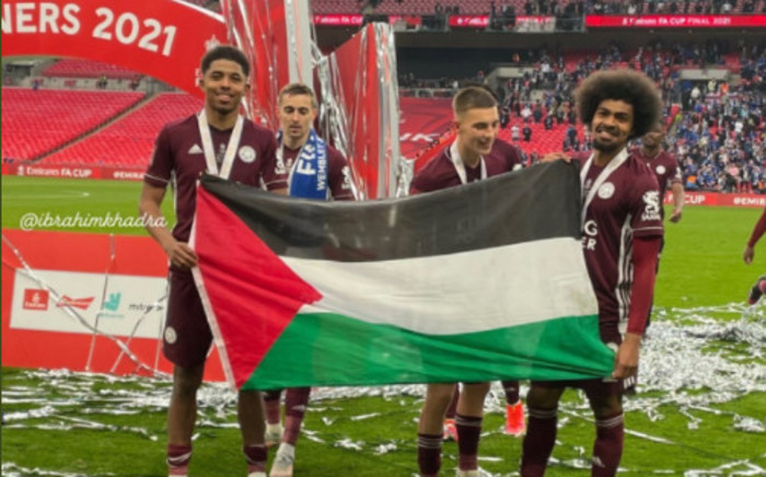 Leicester players Hamza Choudhury and Wesley Fofana pose with the Palestinian flag after their team won the FA Cup match Saturday, 15 May 2021. Picture: Twitter/@FC_Palestina