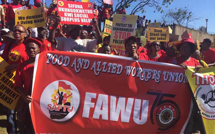 Newly formed South African Federation of Trade Unions, Fawu and Numsa members seen in Durban during a Workers’ Day march. Picture: Twitter/@Numsa_Media.
