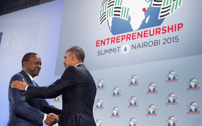 FILE: US President Barack Obama (R) with President Uhuru Kenyatta, in Kenya where his two-nation began. Picture: AFP. 