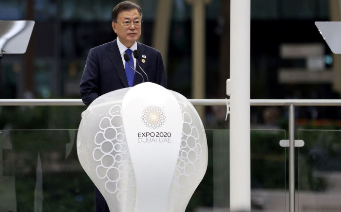 South Korean President Moon Jae-in delivers a speech at the al-Wasl Dome upon his arrival at Expo 2020, to attend the Korea day at his country's pavilion, in the Gulf emirate of Dubai, on January 16, 2022. Picture: AFP