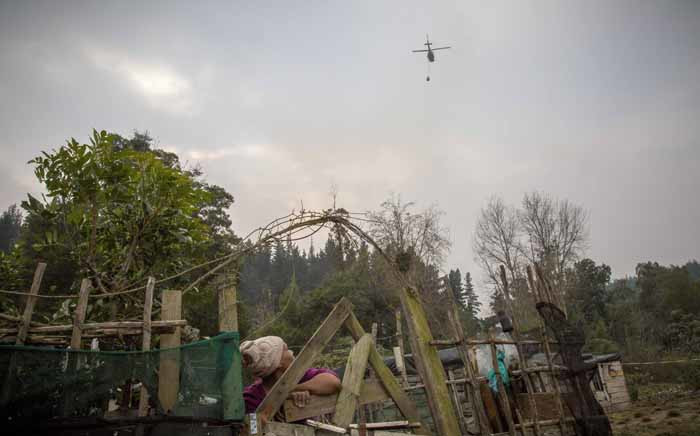 A resident of Concordia, an informal settlement in Knysna, looks overhead at a water bombing helicopter. Picture: Thomas Holder/EWN.